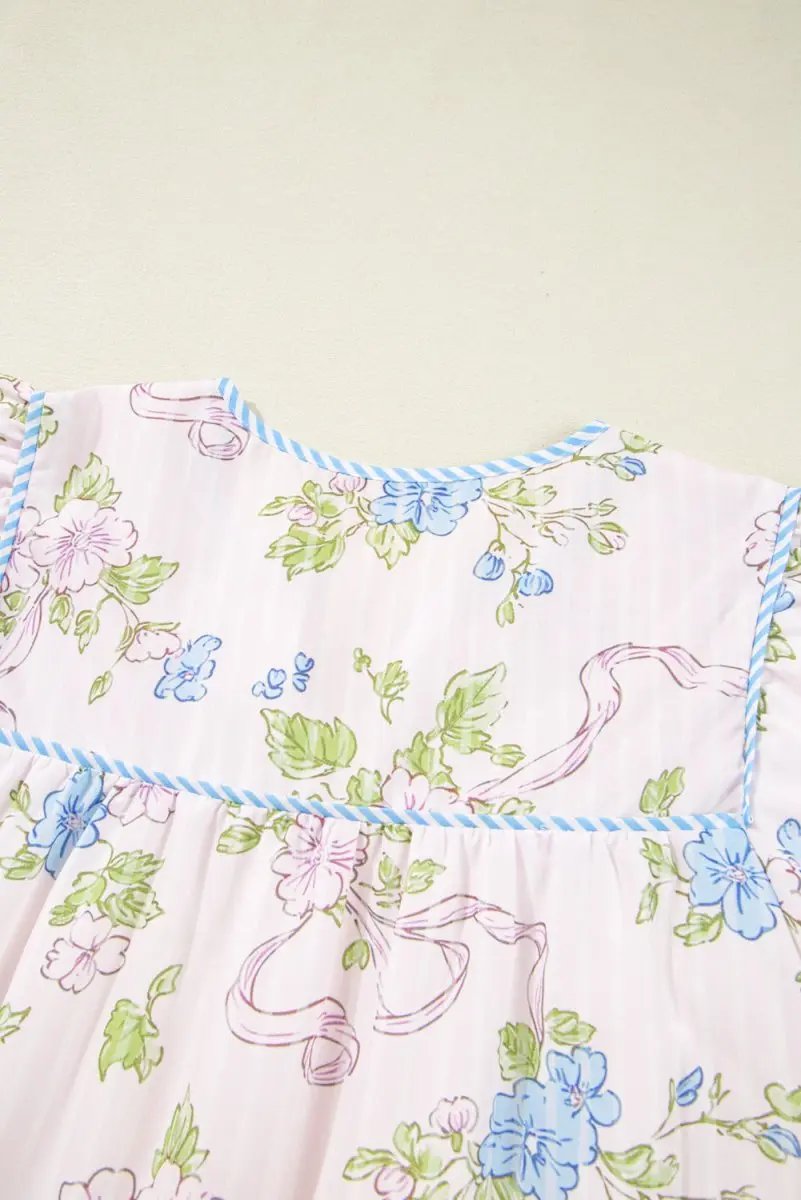 Pink Floral Striped Print Contrast Trim Tie Split Neck Mini Dress - Love Salve